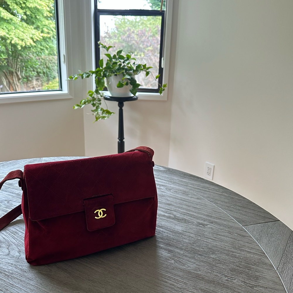 authentic CHANEL Burgundy Suede Shoulder Bag with Gold Hardware
